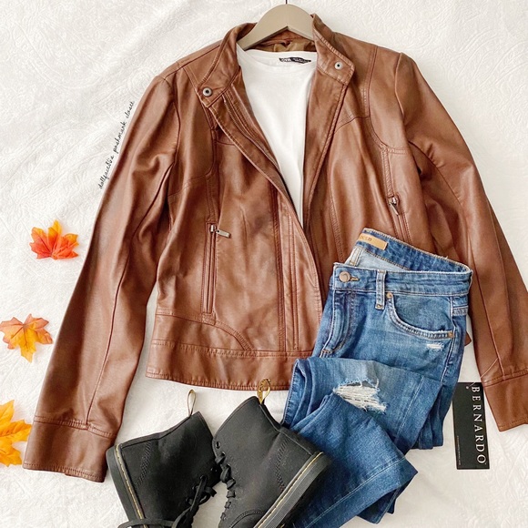Bernardo Jackets & Blazers - Vegan Brown Leather Moto Jacket